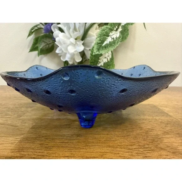 Vintage Cobalt Blue Textured Three Footed Console Bowl MCM Decor Kitchen Dining‎ - Picture 5 of 6